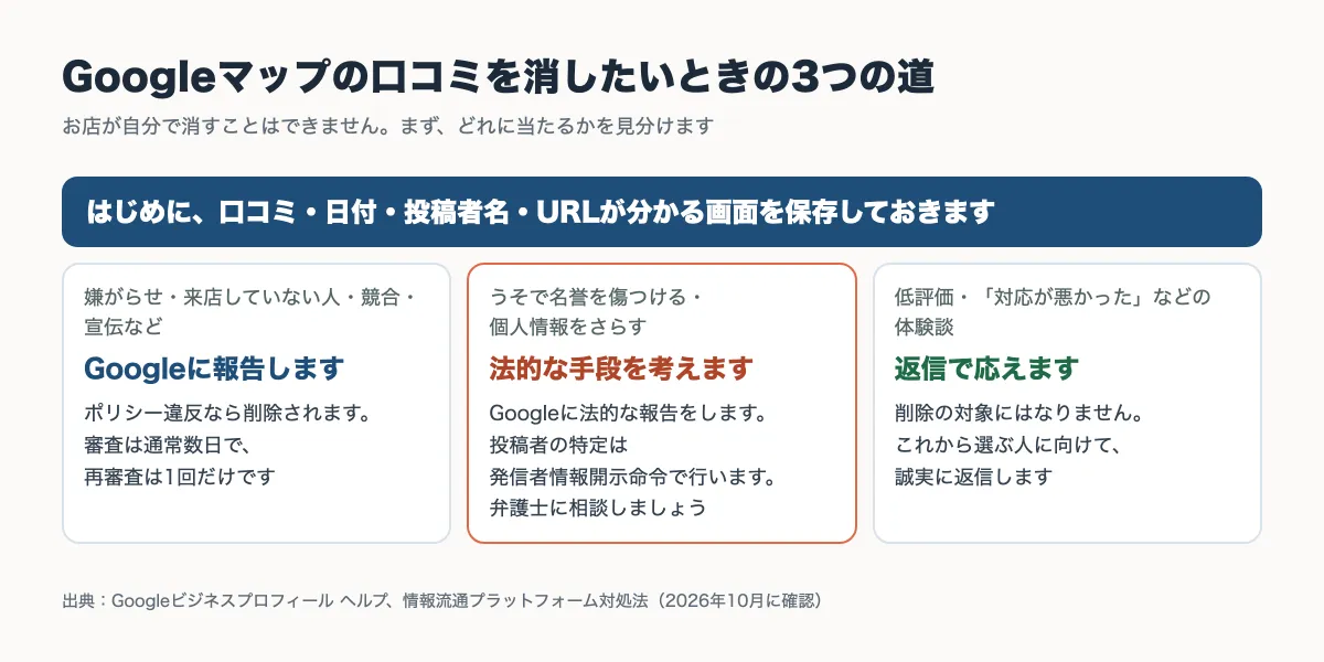 Googleマップの口コミを消したいときの3つの道（Googleに報告・法的な手段・返信で応える）と、最初に画面を保存することをまとめた図