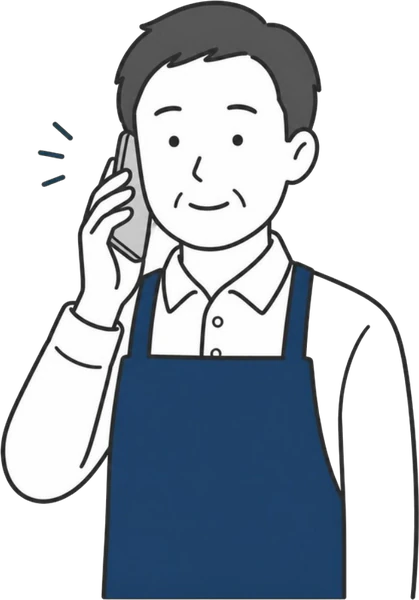 電話を受けてうれしそうな店主のイラスト