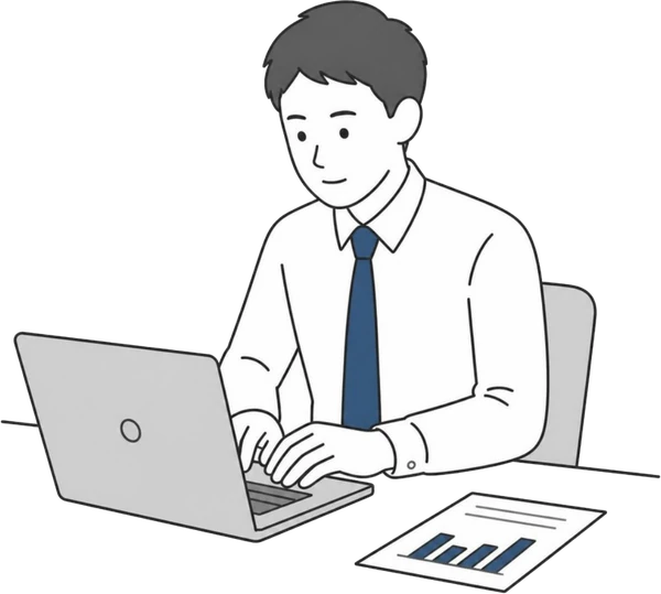 パソコンで毎月のレポートを作っている担当者のイラスト